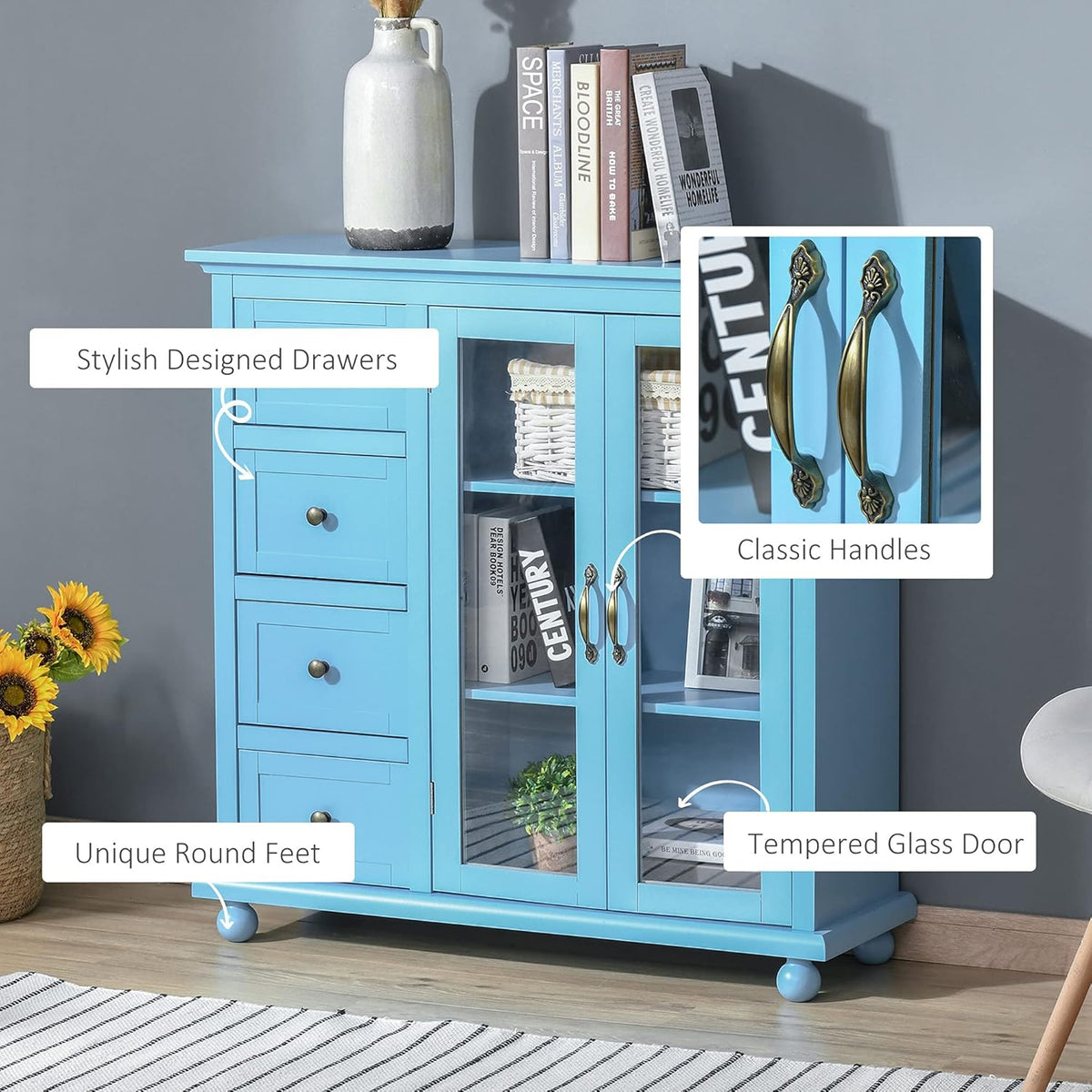 Storage Sideboard Cabinet with 4 Drawers and Glass Door Cupboard K6689