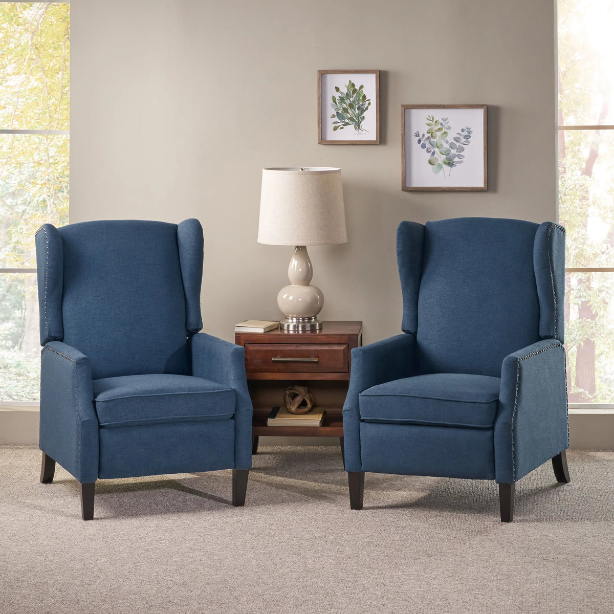 Navy Blue and Dark Brown Fabric Recliner Set of 2 O2744
