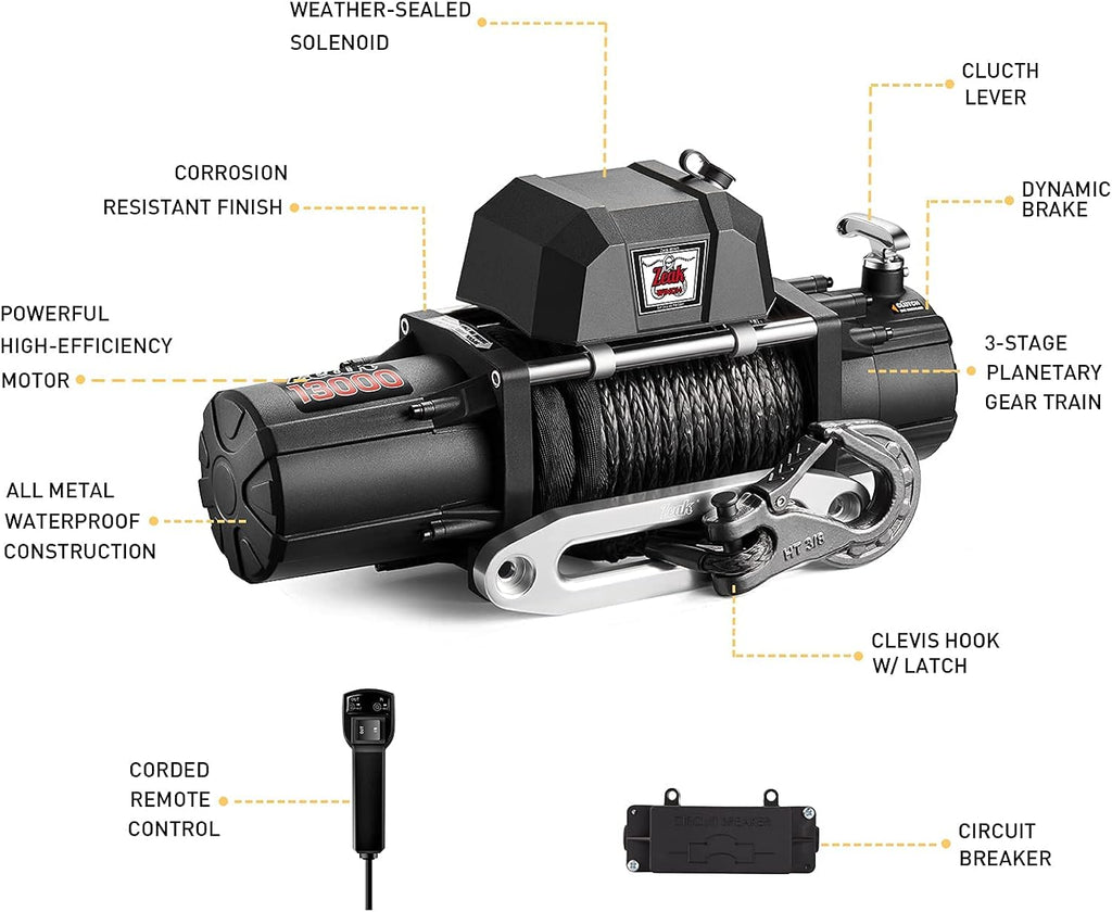 13000 lb. Electric Winch 12V Waterproof Synthetic Rope T28772