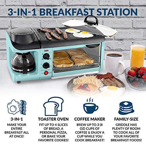 Retro 3-in-1 Breakfast Station, Coffeemaker, Toaster Oven, Griddle, Aqua J651