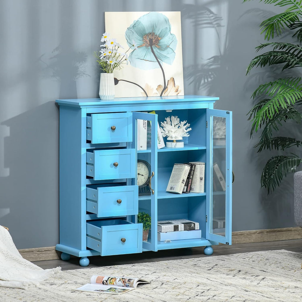 Storage Sideboard Cabinet with 4 Drawers and Glass Door Cupboard K6689