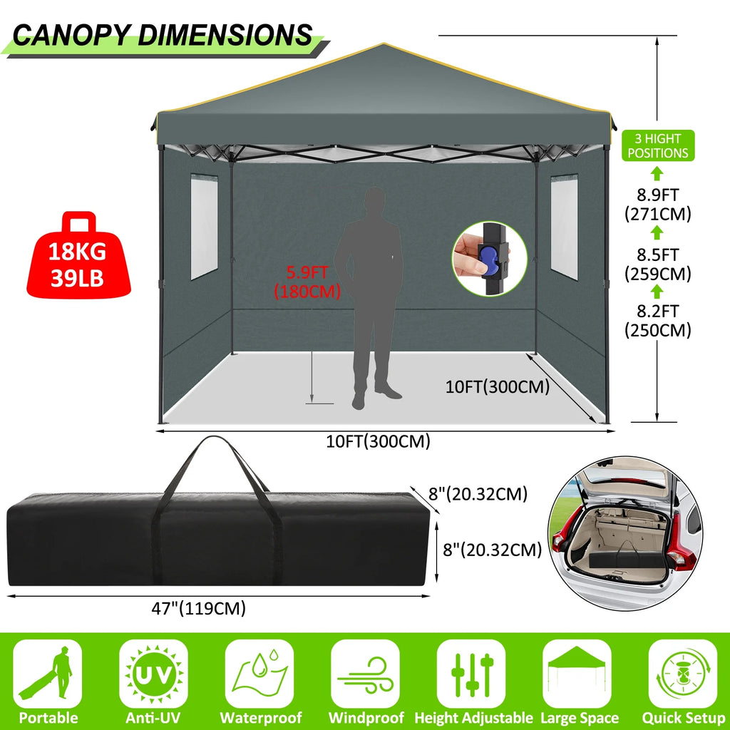 10' x 10' Pop up Canopy with 4 Removable Sidewalls and Carry Bag Q8570