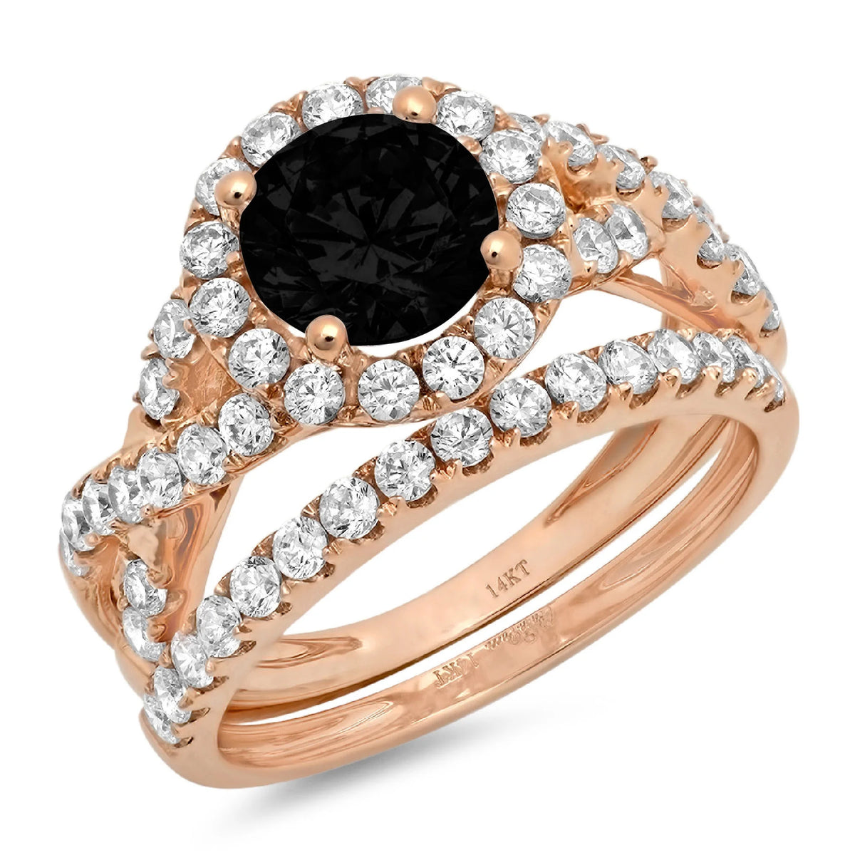 1.92 ct Round Cut Black Natural Onyx Real 18k Rose Gold Halo Ring Band Set Size 3.5 V80328