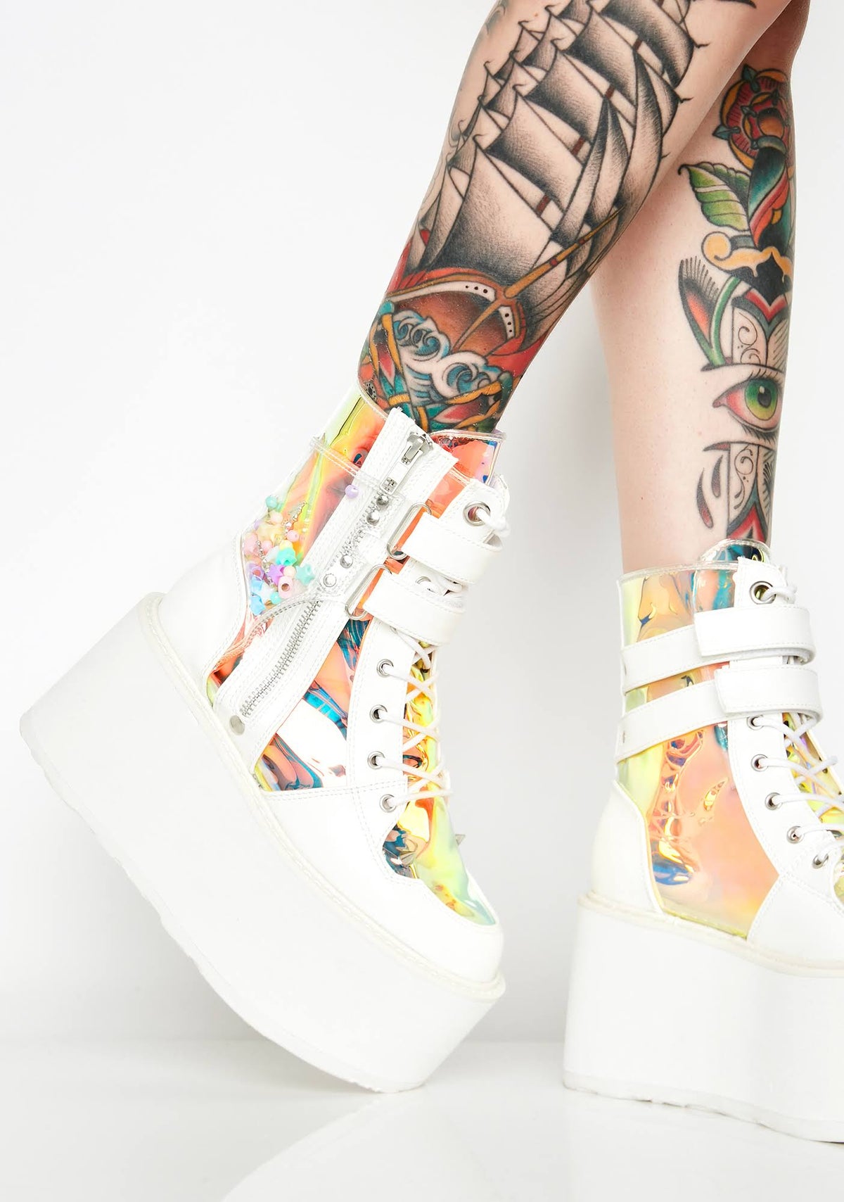 White Vegan Leather-Clear Hologram PVC Boots W1564