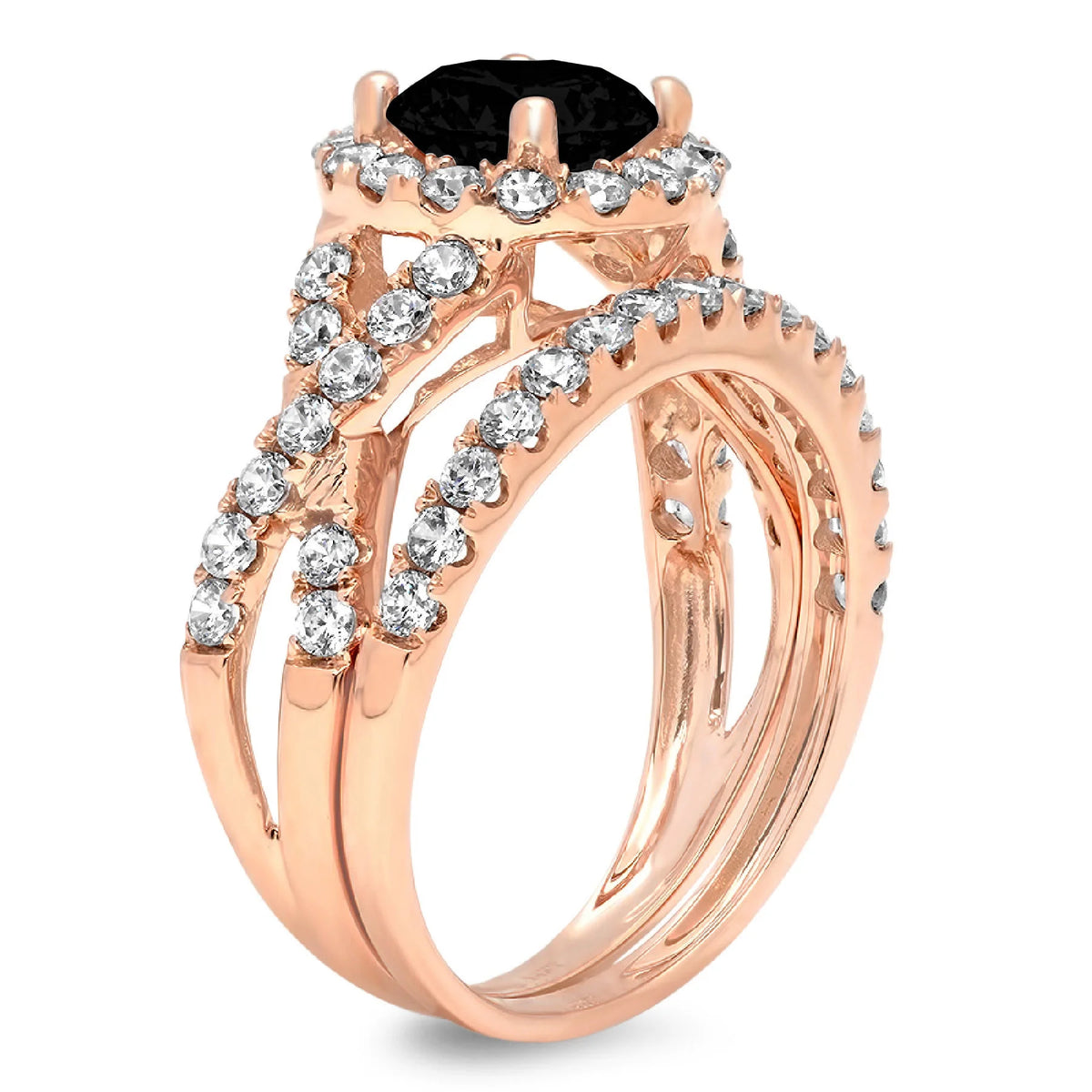 1.92 ct Round Cut Black Natural Onyx Real 18k Rose Gold Halo Ring Band Set Size 3.5 V80328