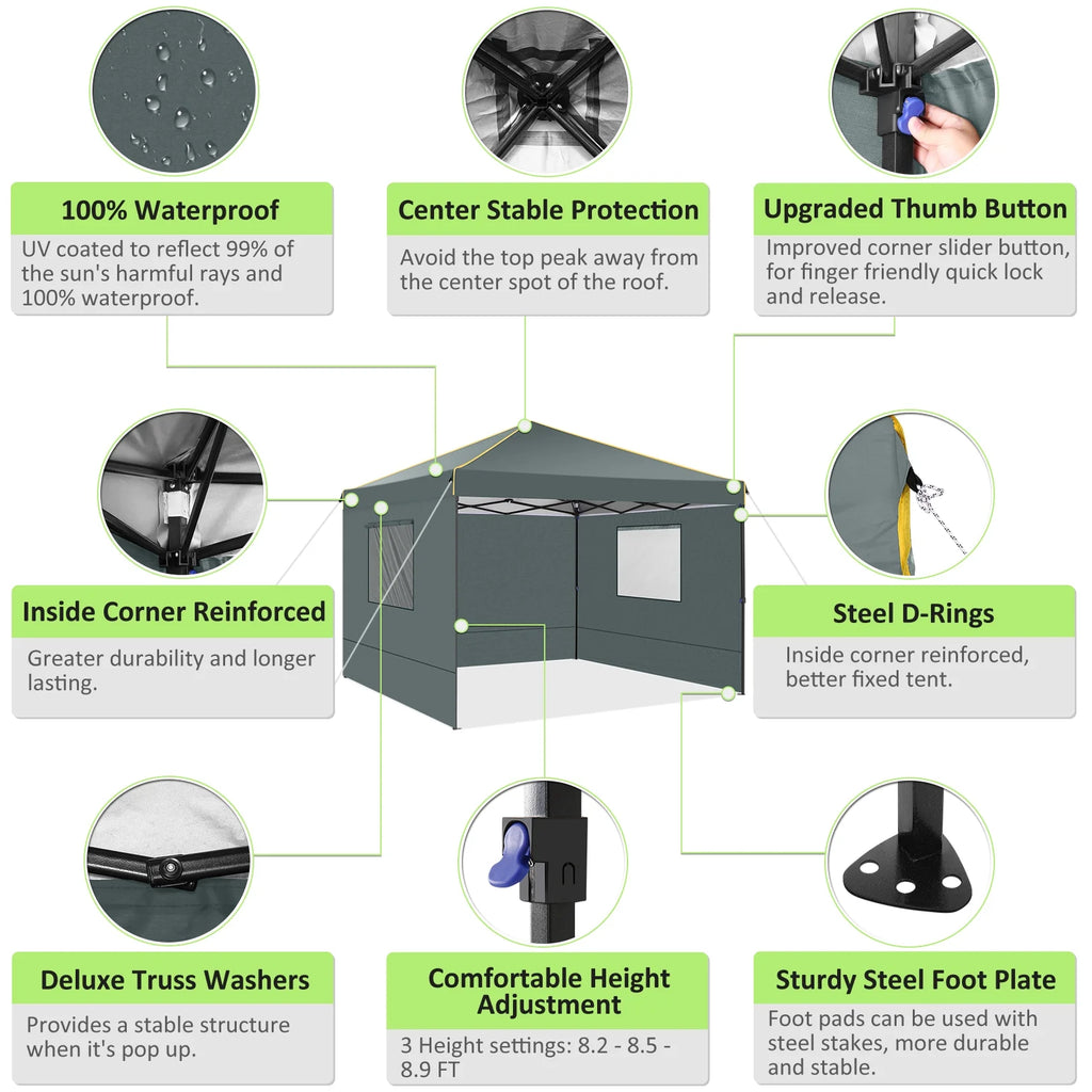 10' x 10' Pop up Canopy with 4 Removable Sidewalls and Carry Bag Q8570