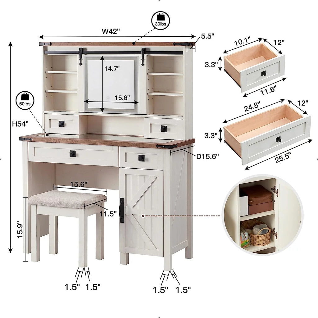 White Vanity Set with Sliding Lighted Mirror and Stool B747
