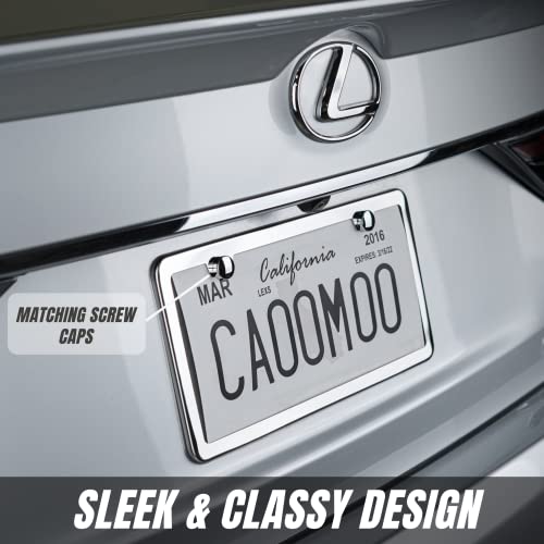 Stainless Steel License Plate Frame + Chrome Screw Caps (Silver) X137