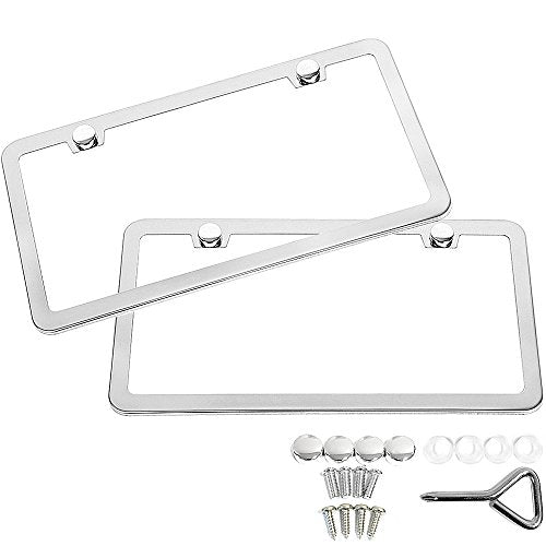 Stainless Steel License Plate Frame + Chrome Screw Caps (Silver) X137