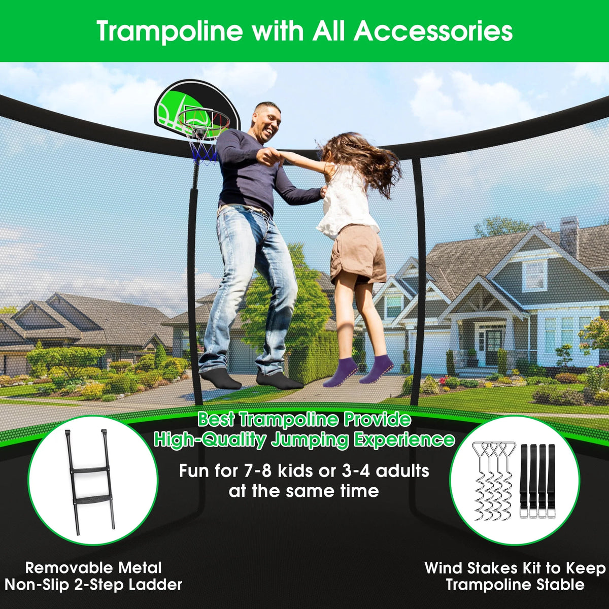 12FT 14FT Trampoline with Enclosure, Basketball Hoop, Light, Sprinkler, Socks, Wind Stakes O445