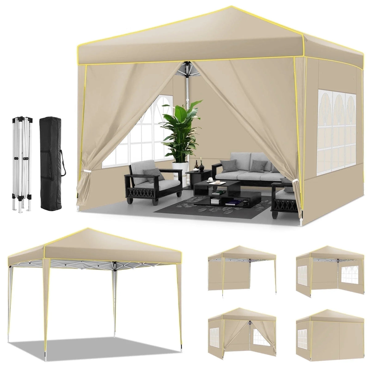 10' x 10' Pop up Canopy with 4 Removable Sidewalls and Carry Bag Q8570