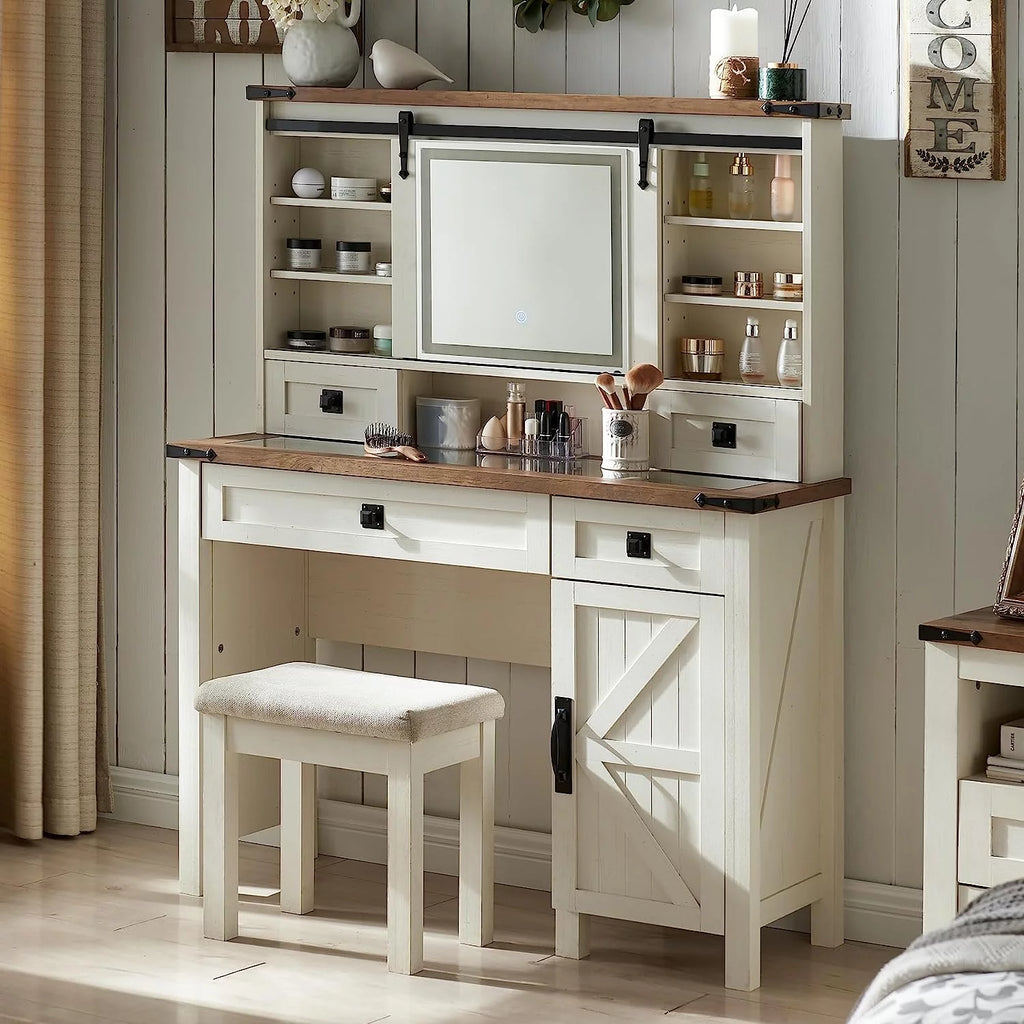 White Vanity Set with Sliding Lighted Mirror and Stool B747