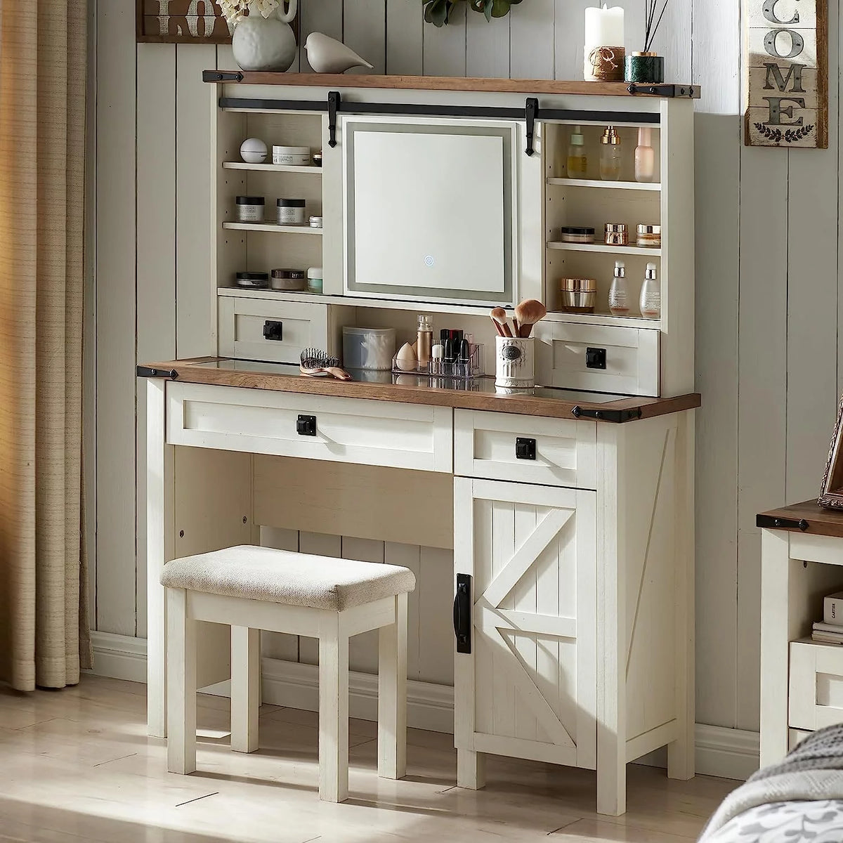 White Vanity Set with Sliding Lighted Mirror and Stool B747