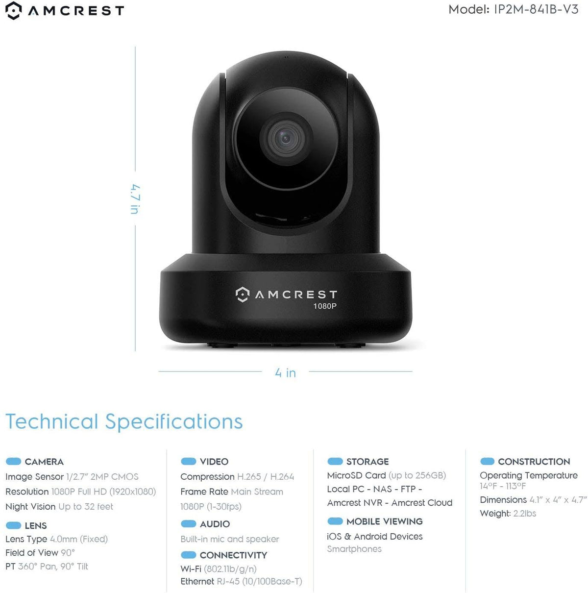 1080p WiFi Indoor Pan/Tilt Security IP Camera Black W49271