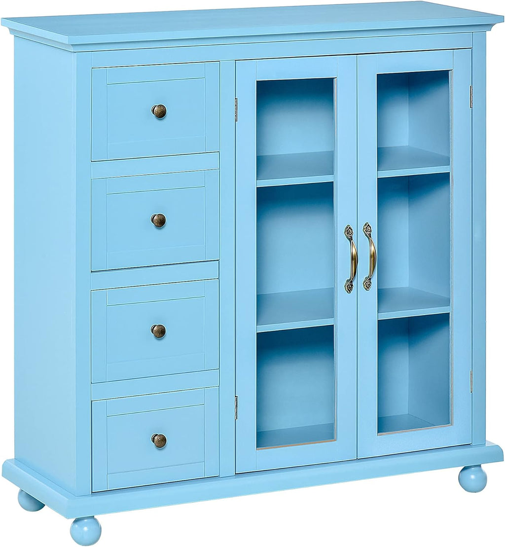 Storage Sideboard Cabinet with 4 Drawers and Glass Door Cupboard K6689