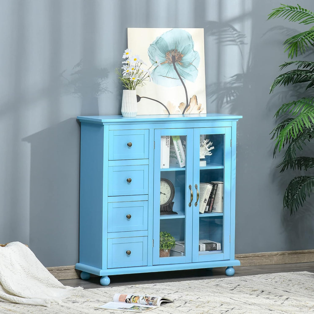 Storage Sideboard Cabinet with 4 Drawers and Glass Door Cupboard K6689