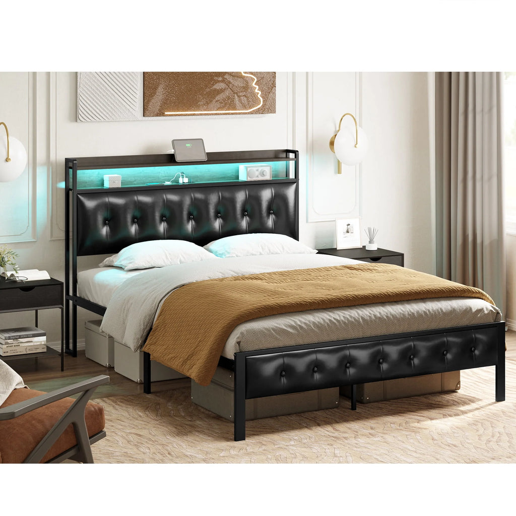 Queen Upholstered Platform Bed Frame with Storage Headboard F318