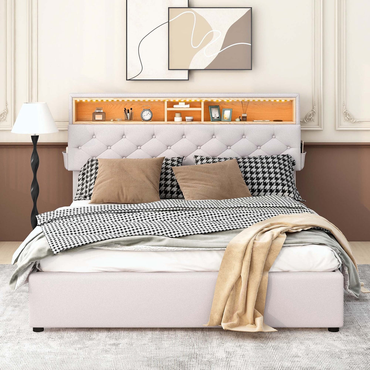Beige Upholstered Platform Bed with Storage Headboard and 2 Drawers D9830