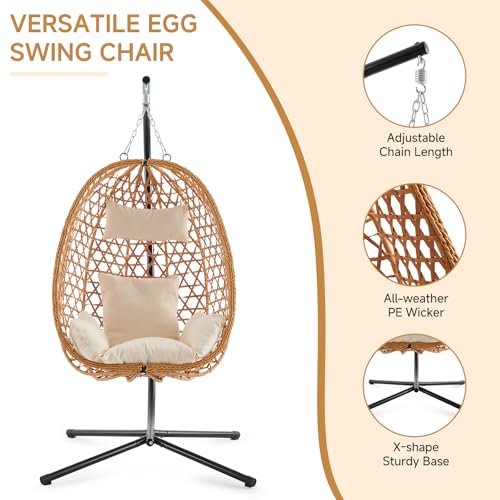 Brown Wicker Hanging Egg Chair with Stand and Cushion A642