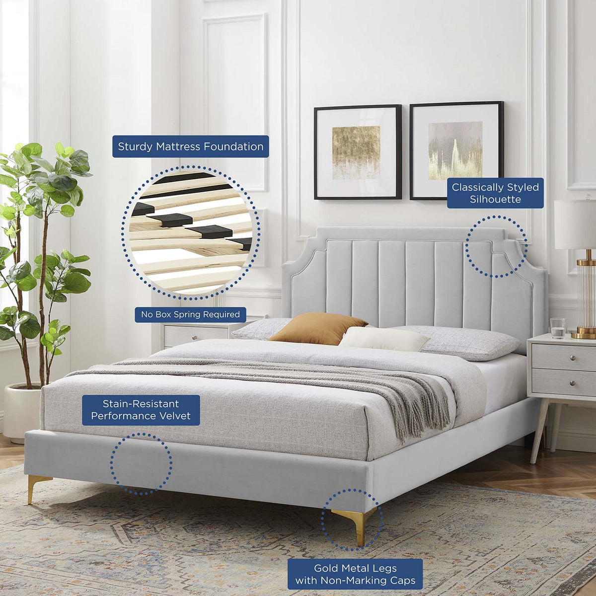 King Size Velvet Platform Bed Frame T2143