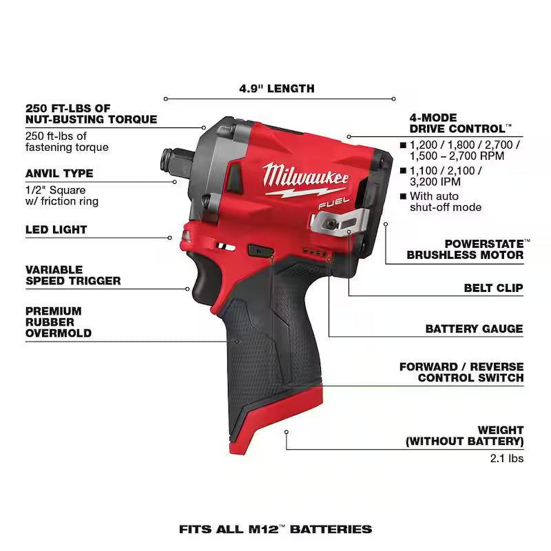 12V Brushless Cordless 1/4 in. and 1/2 in. Impact Wrenches with two 3.0 Ah Batteries T9162
