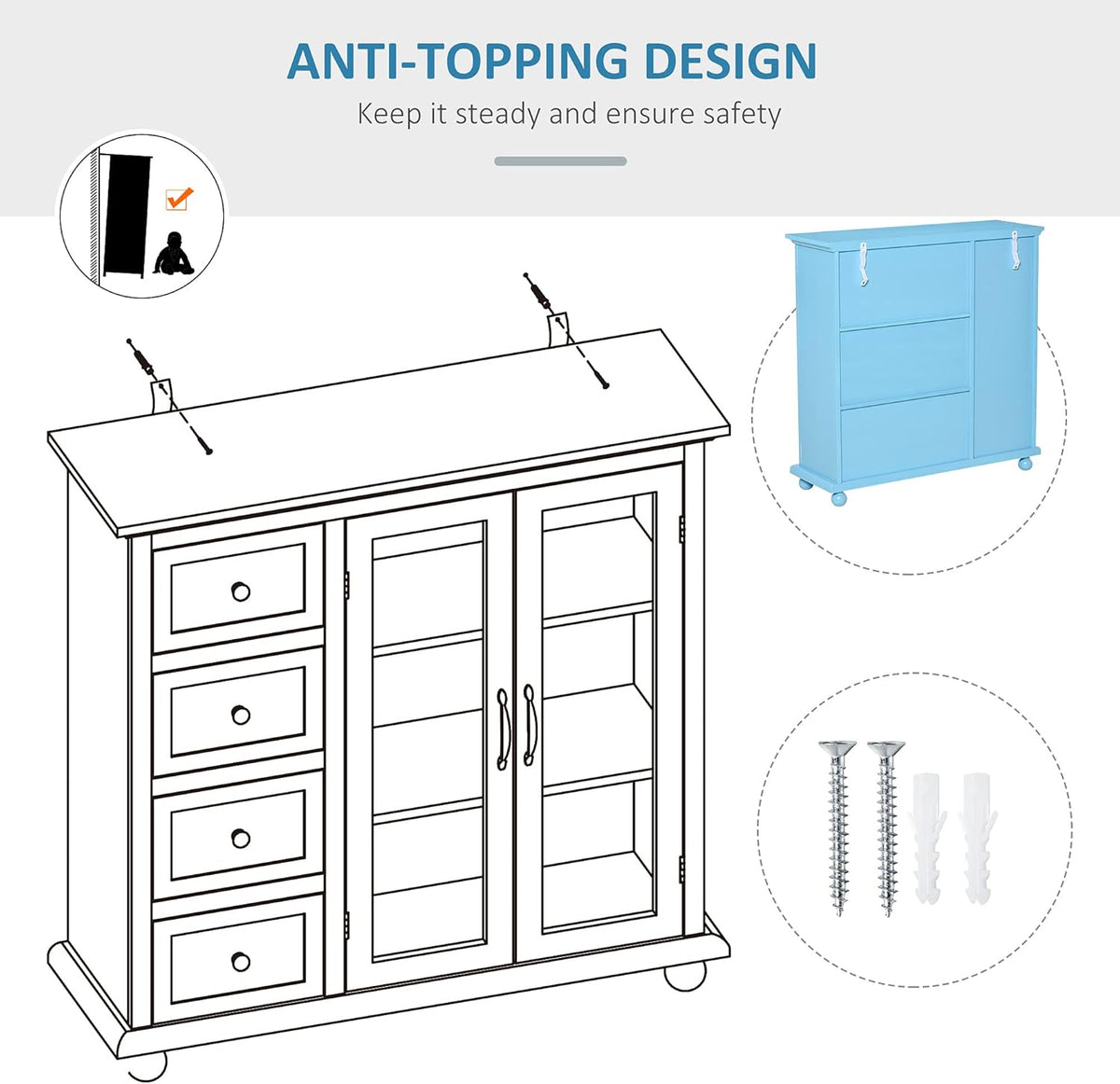 Storage Sideboard Cabinet with 4 Drawers and Glass Door Cupboard K6689