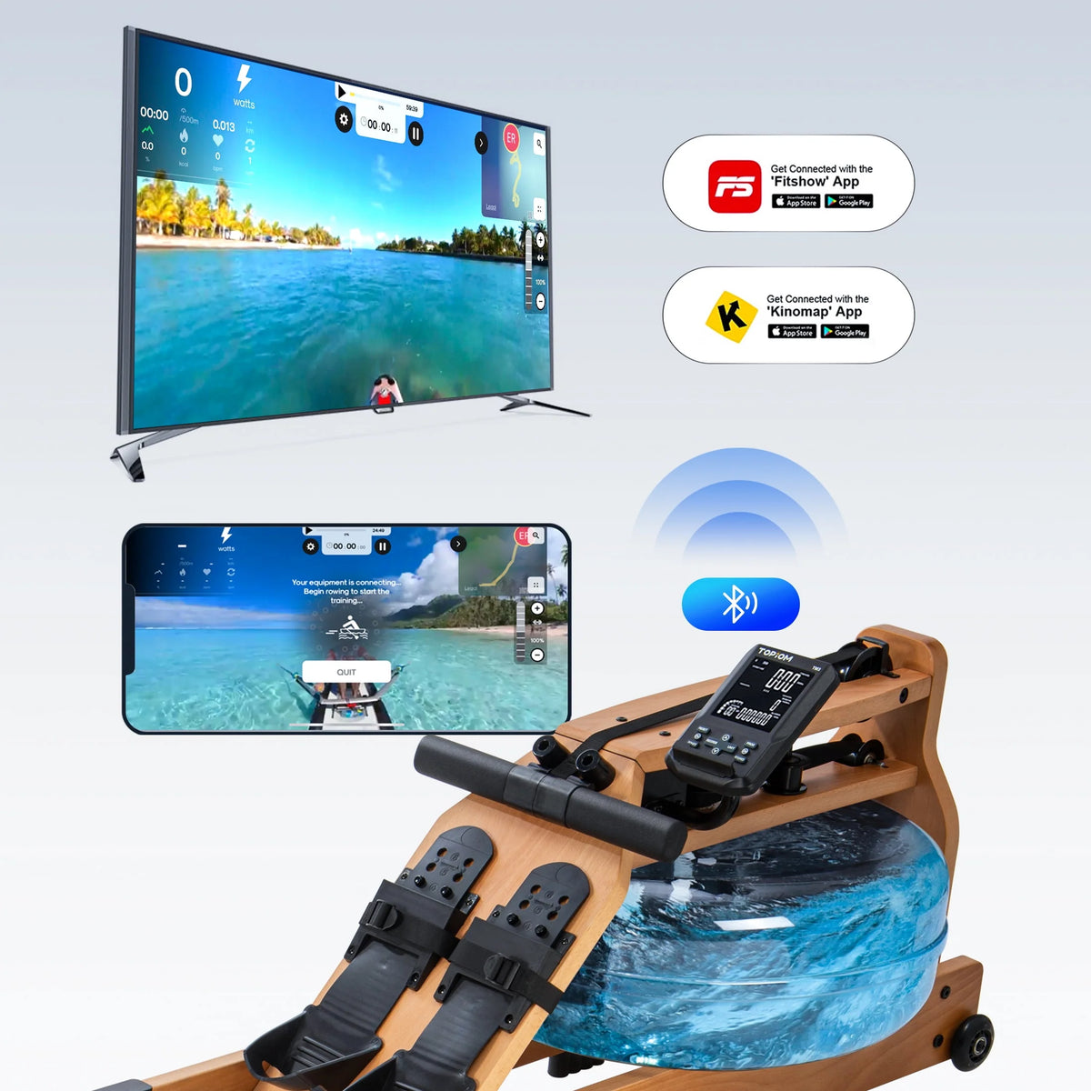 Water Rowing Machine with Performance Monitor Bluetooth 400 lbs Max Load P586
