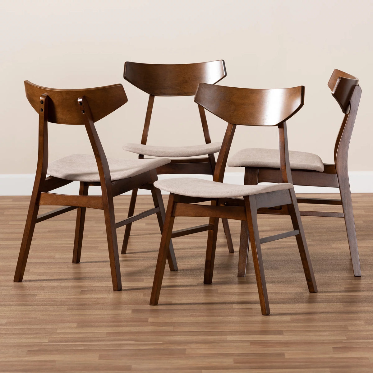 Light Beige Fabric Upholstered Walnut Brown Wood 4-Piece Dining Chair Set F61203