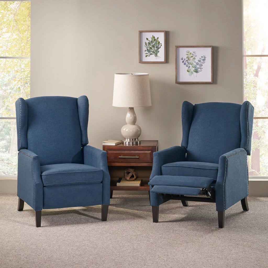 Navy Blue and Dark Brown Fabric Recliner Set of 2 O2744