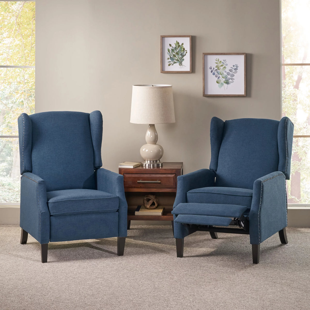 Navy Blue and Dark Brown Fabric Recliner Set of 2 O2744