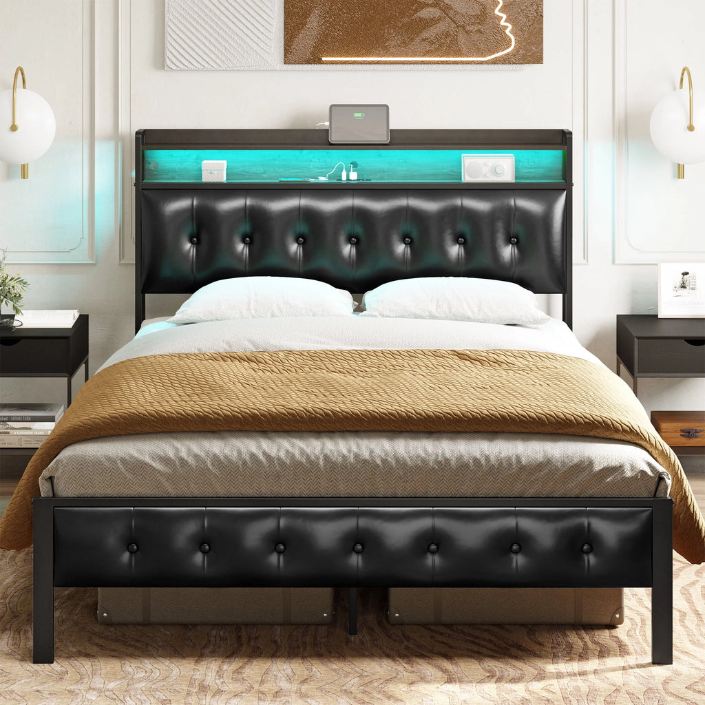 Queen Upholstered Platform Bed Frame with Storage Headboard F318
