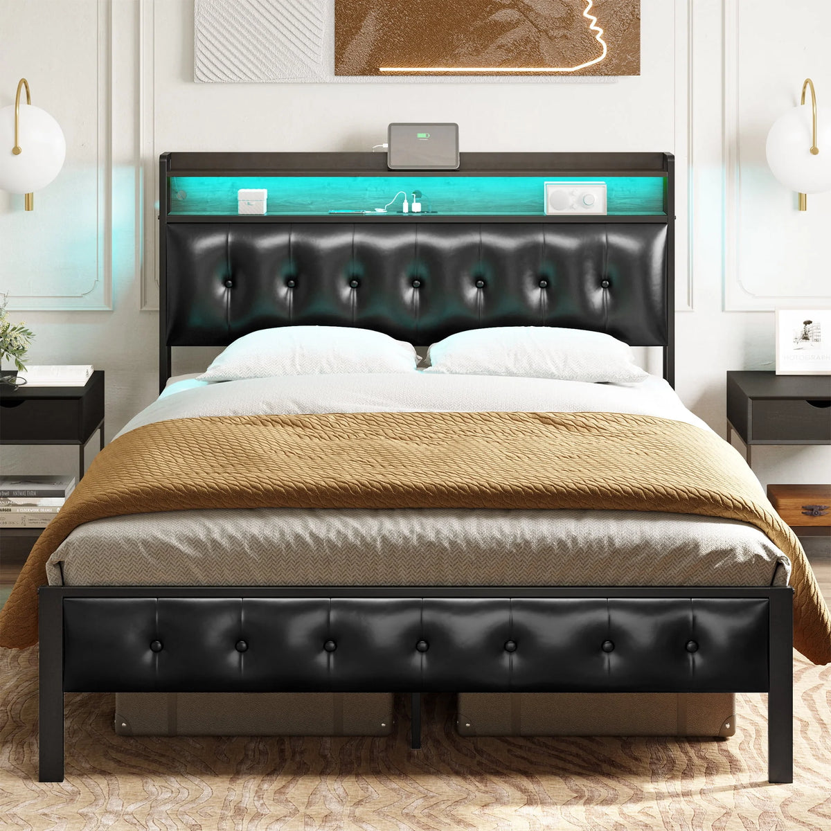 Queen Upholstered Platform Bed Frame with Storage Headboard F318