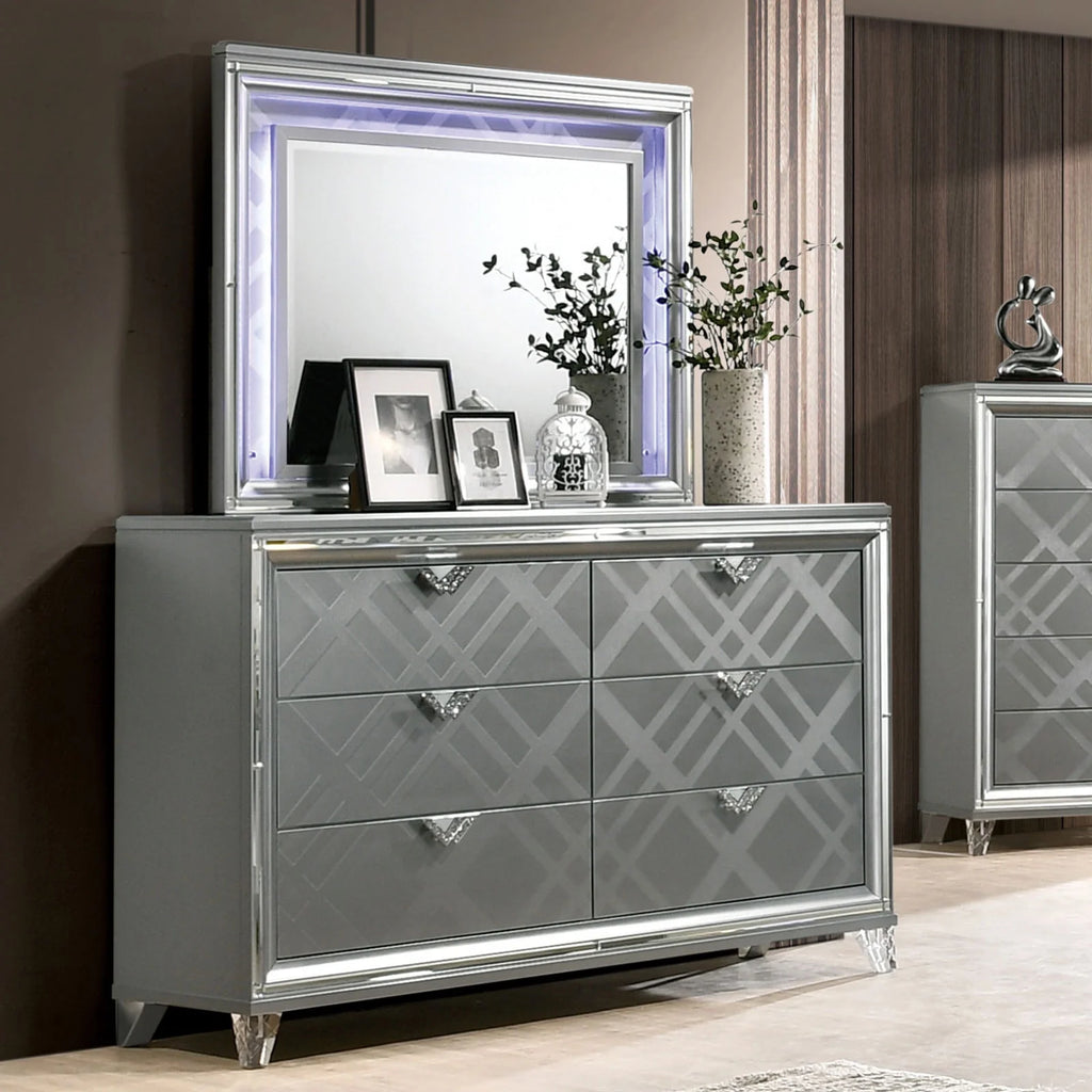 Silver Queen Size Bed with Dresser Mirror Nightstand 4pc Set S3256