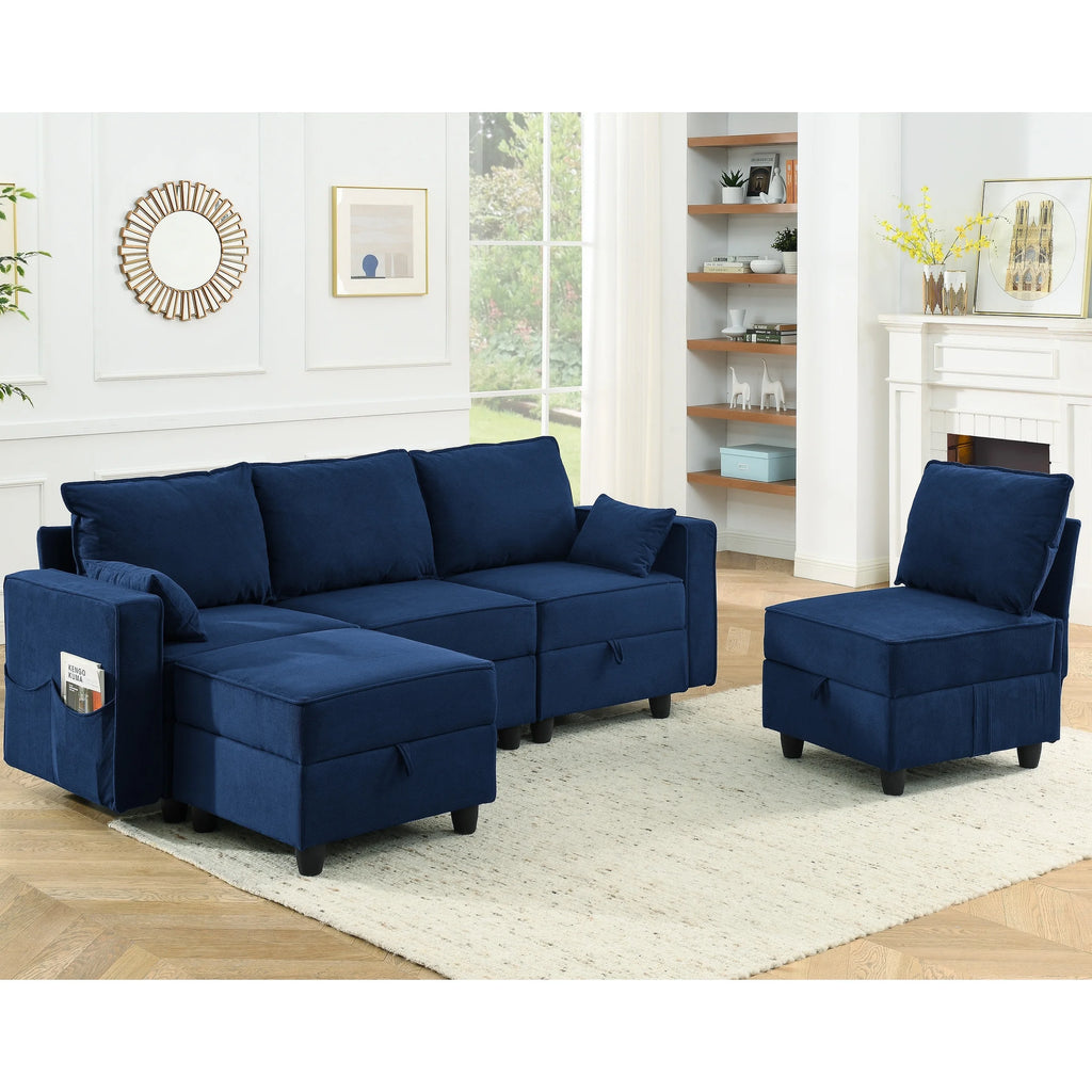 Navy Blue Corduroy Velvet 5 Seat Modular Sectional Sofa N5814