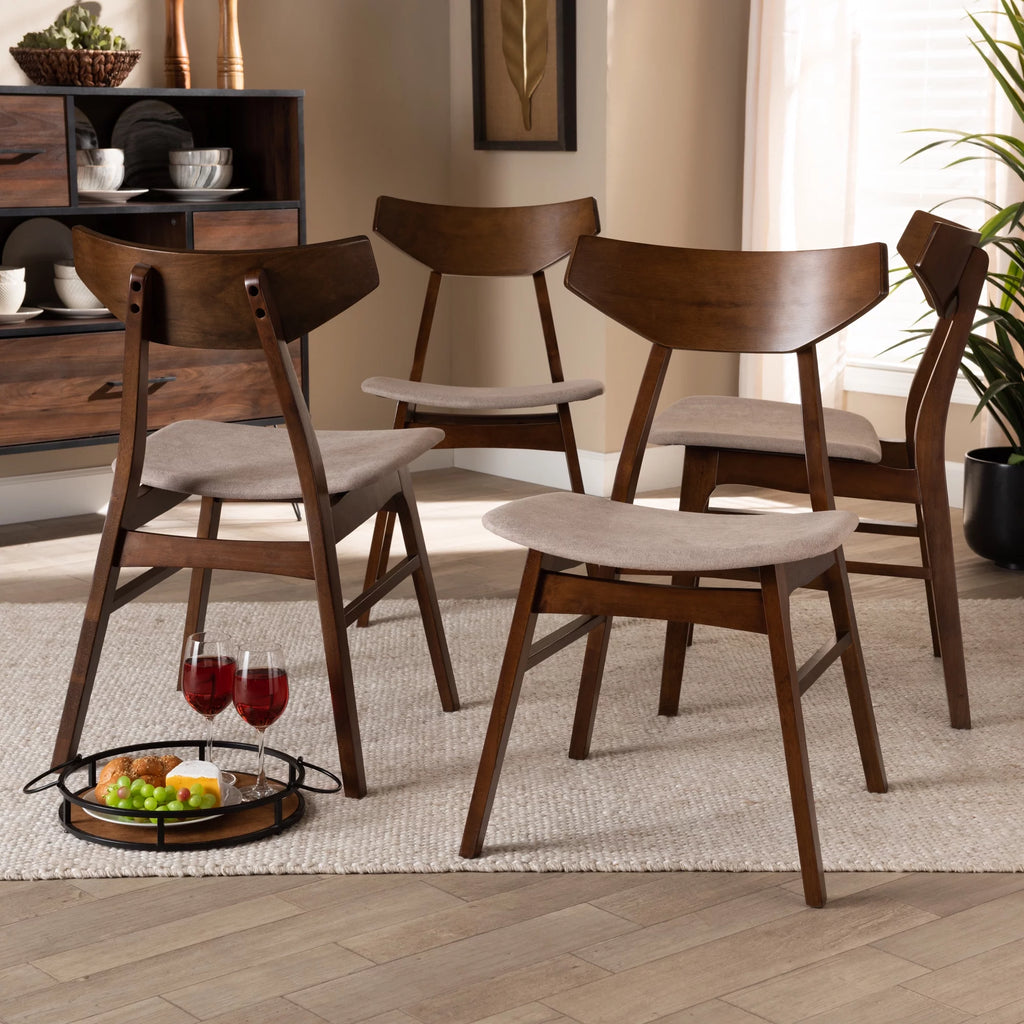 Light Beige Fabric Upholstered Walnut Brown Wood 4-Piece Dining Chair Set F61203