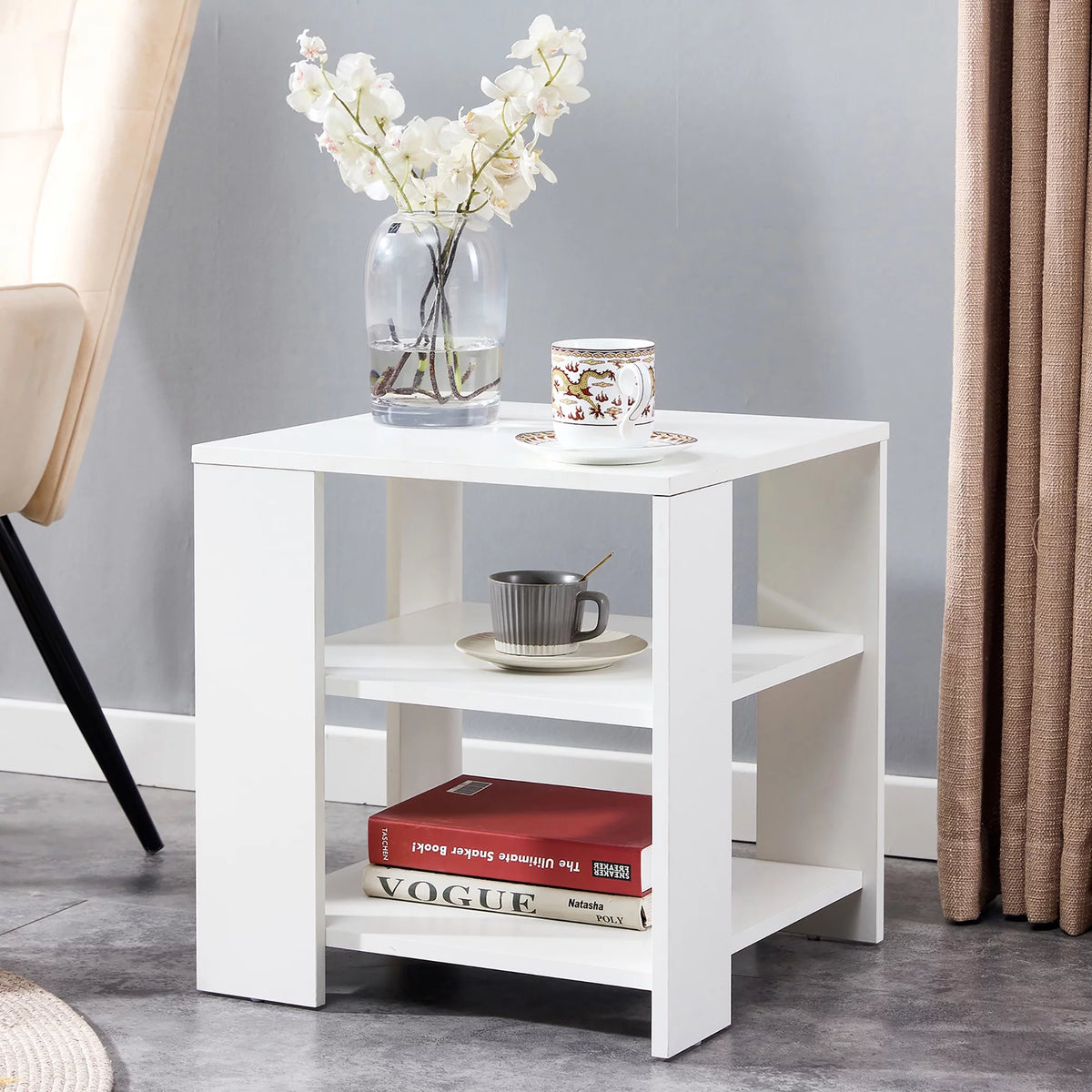 White 3 Tier Wood Square Nightstand W650